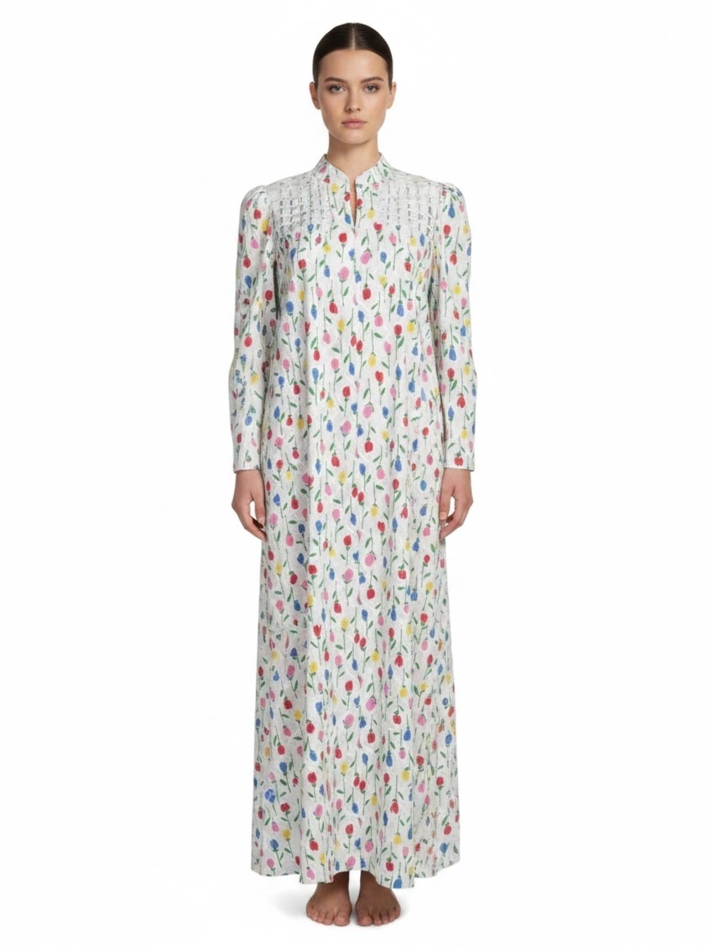 VTG 70s David Brown Saks Fifth Avenue White Floral 1/4 Zip House lounge Dress